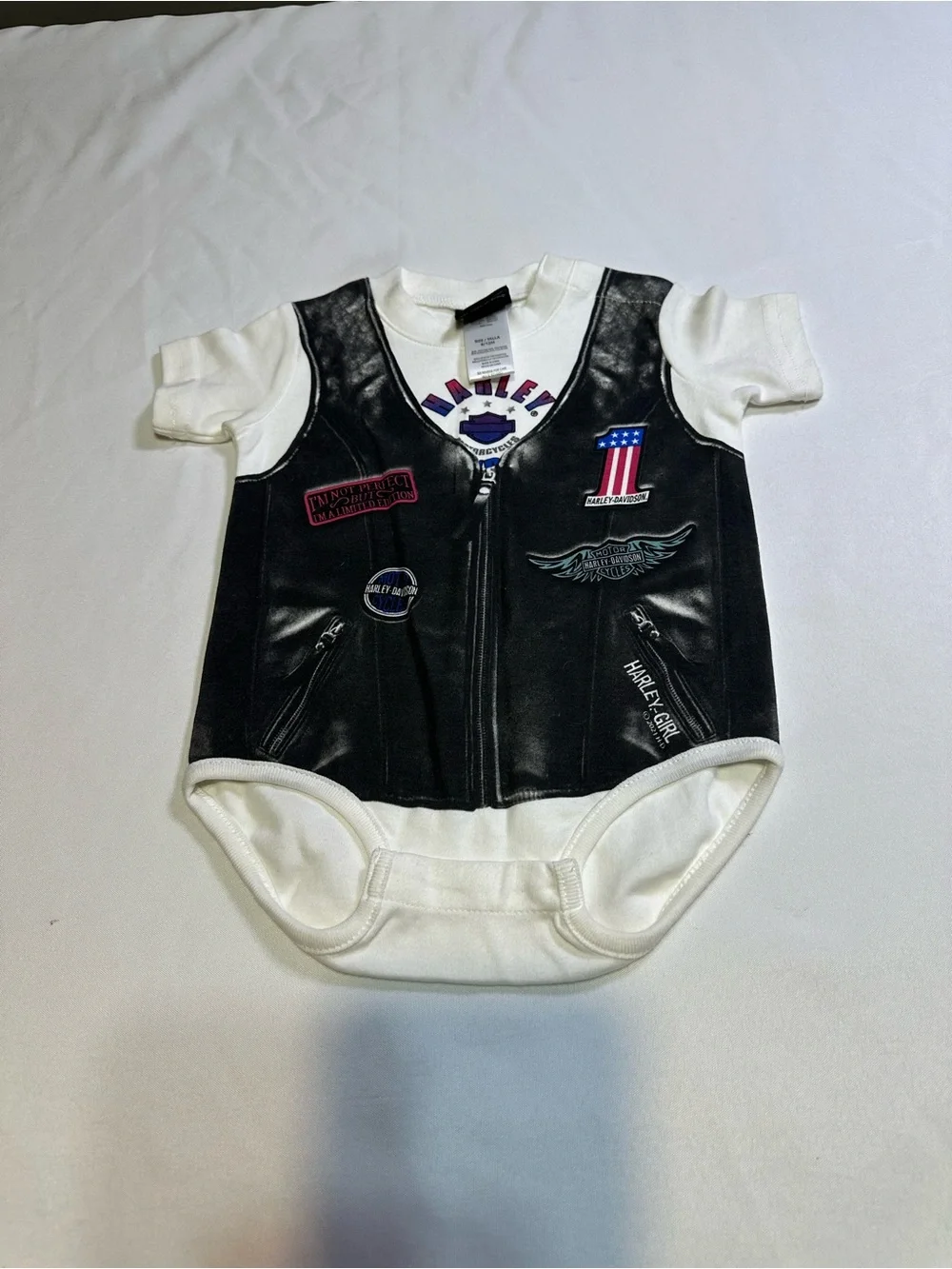 Harley-Davidson White Bodysuit with Black Faux Leather Vest Print onesie
